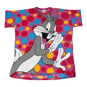 Vintage 90’s LOONEY TUNES Bugs Bunny Polka Dot Tee T Shirt‎ Pink XXL 2XL FLIRTS